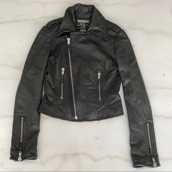 True Religion Section Moto Black Leather Jacket XS - Picture 1 of 6